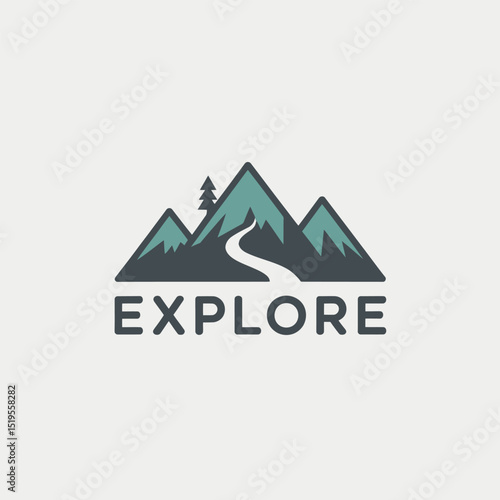 Explore logo with mountains and winding path adventure and discovery emblem outdoor travel concept design in modern flat style on white background