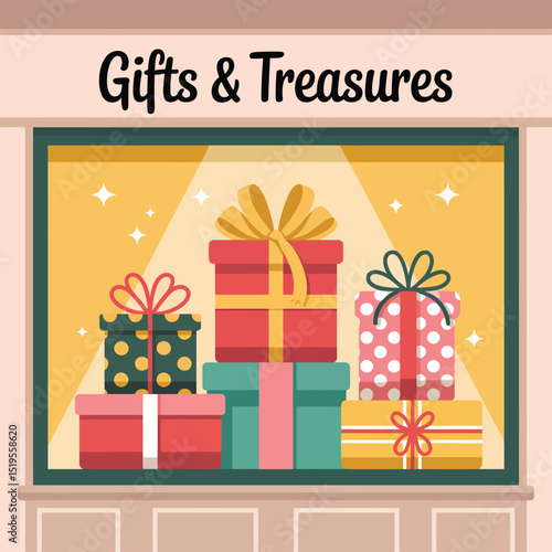 Festive gifts and treasures displayed in a shop window perfect for celebrations and special occasions vector illustration