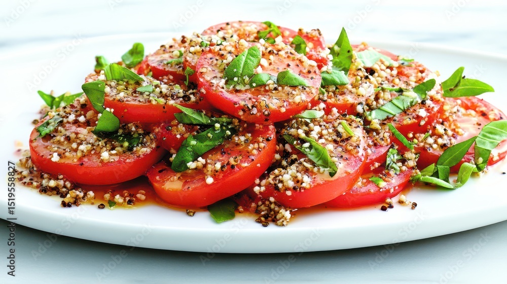 Sliced tomatoes topped with mixed seeds, herbs, and greens arranged on a clean white plate for a healthy fresh dish
Sliced tomatoes topped with mixed seeds, herbs, and greens arranged on a clean white plate for a healthy fresh dish