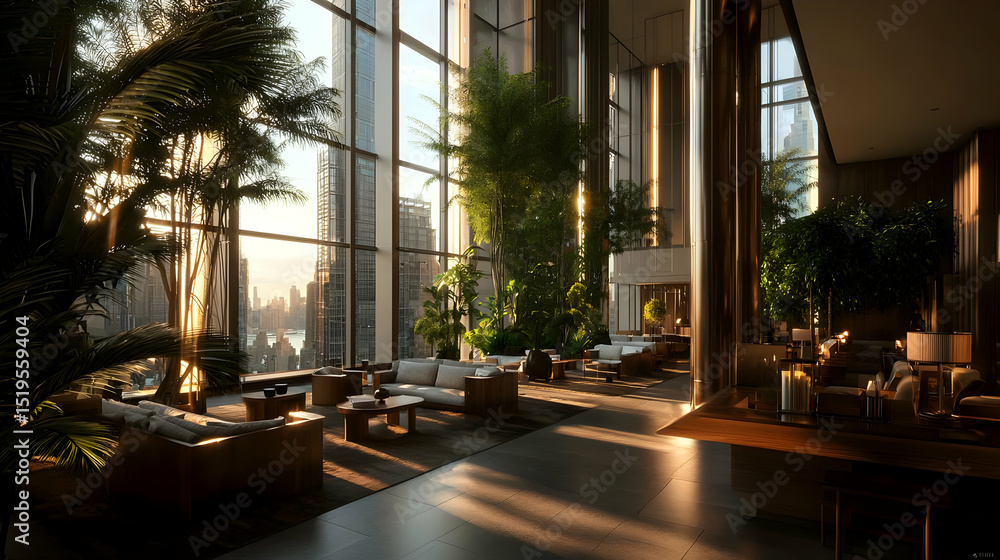 Obraz premium Modern High-Rise Lobby With City Views And Lush Greenery
