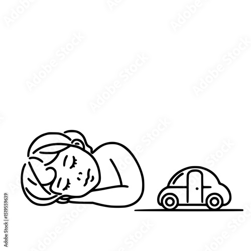 Woman sleeping peacefully next to a simple outline car design, concept of single line outline vector  