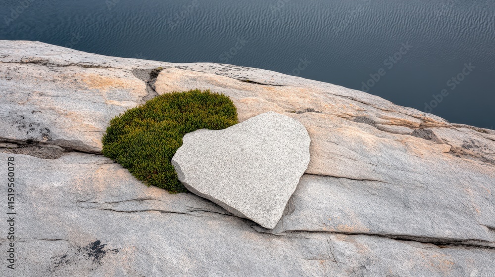 Obraz premium Top-down view of smooth granite texture with subtle touches of vibrant moss — natural stone background with copy space for eco-themed mockup