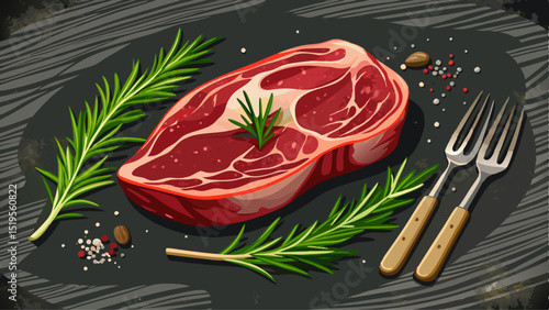Close-up of raw Ribeye steak resting on a dark textured background, with coarse salt, cracked pepper, rosemary, and a vintage meat fork—perfect for barbecue, grill, texture, cooking, and beef vector d