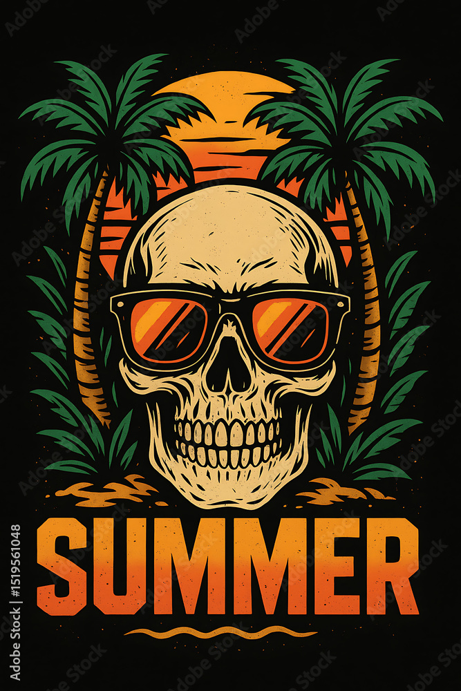 Fototapeta premium Skull with Sunglasses in Palm Beach Sunset Illustration