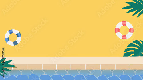 Vibrant Poolside Escape Tropical Summer Vacation Graphic with Blue Water Palm Leaves and Colorful Life Rings