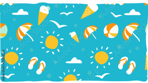 Summer Beach Pattern Sun Ice Cream Sand Flying Birds Umbrellas Flip flops Holiday Fun Vacation Seaside Resort