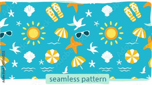 Sunny seamless summer vacation pattern beach umbrellas sea shells seagulls starfish sun and sandals to enjoy