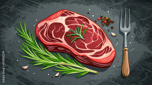 Close-up of raw Ribeye steak resting on a dark textured background, with coarse salt, cracked pepper, rosemary, and a vintage meat fork—perfect for barbecue, grill, texture, cooking, and beef vector d