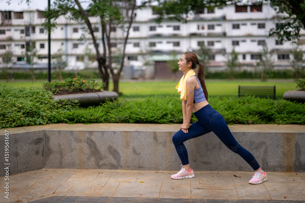 Fototapeta premium A woman is stretching in a park