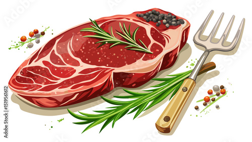 Close-up of raw Ribeye steak resting on a dark textured background, with coarse salt, cracked pepper, rosemary, and a vintage meat fork—perfect for barbecue, grill, texture, cooking, and beef vector d