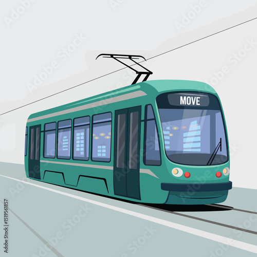 Modern green electric tram moving along tracks vector illustration for transportation concepts and urban mobility in an abstract style
