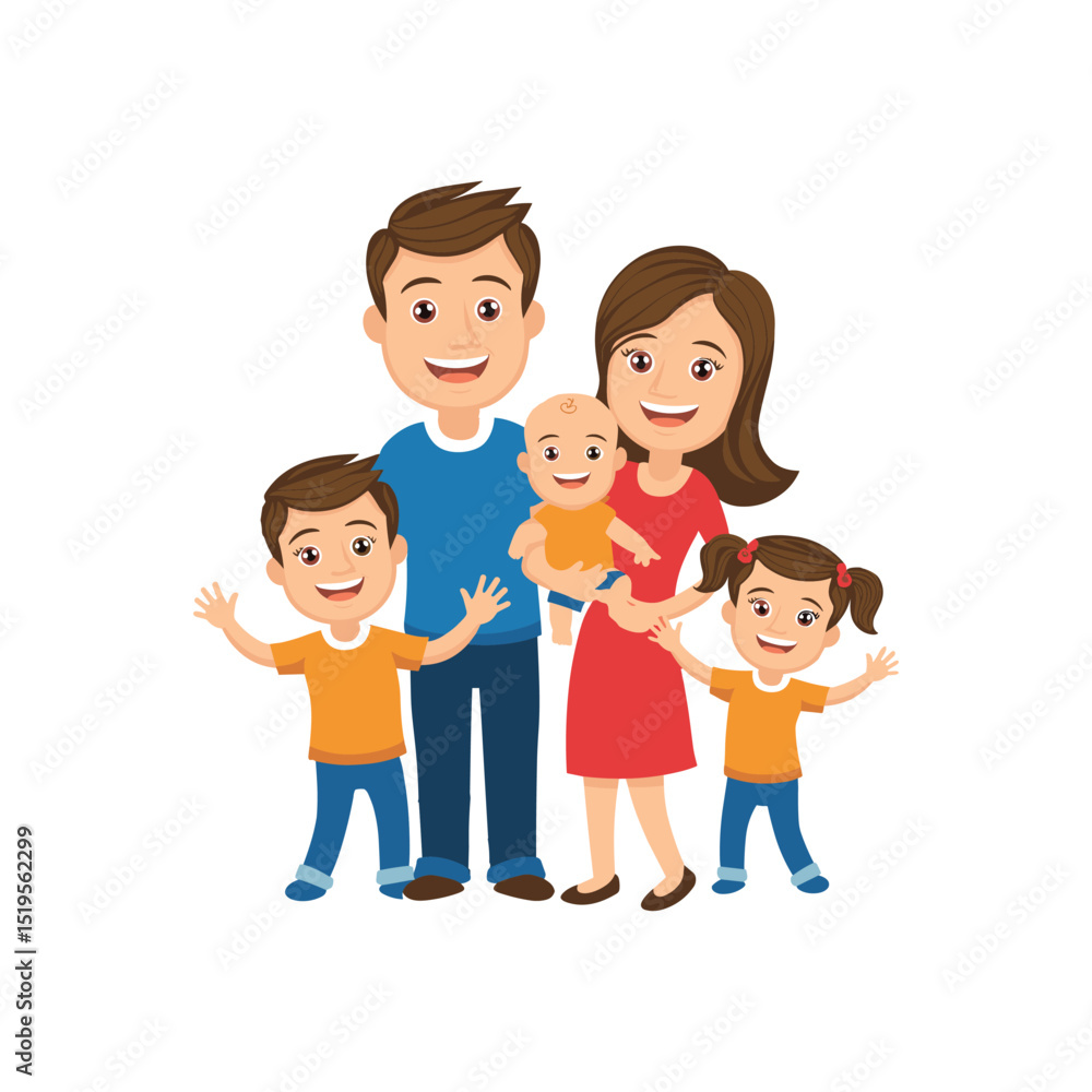 Happy Cartoon Family with Three Children – Smiling Parents and Kids Illustration Happy Cartoon Family with Three Children – Smiling Parents and Kids Illustration