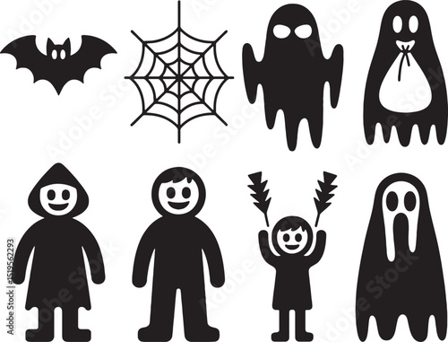 Cute halloween icons black and white clipart