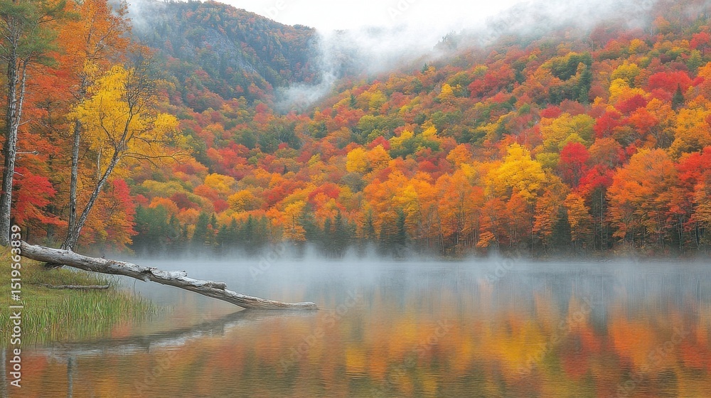 Fototapeta premium Vibrant Autumn Foliage Reflecting on Calm Lake Water with Misty Background