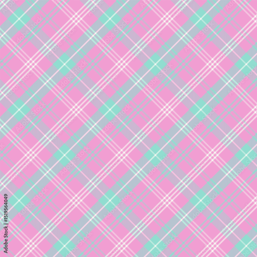 Fototapeta premium Plaid with twill weave repeat pattern in pink and green.Gingham seamless pattern with stripes.Checkered tartan geometric graphic vector illustration background for fabric and prints.