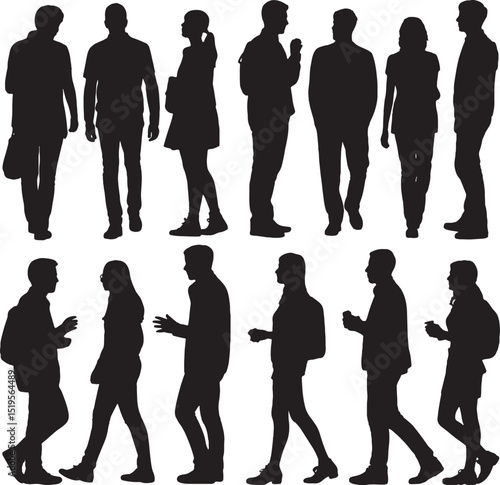 Silhouettes of people walking and talking outdoors