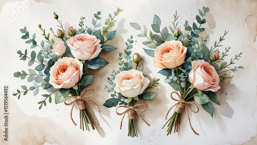 Bridesmaids' matching watercolor bouquets with blush roses