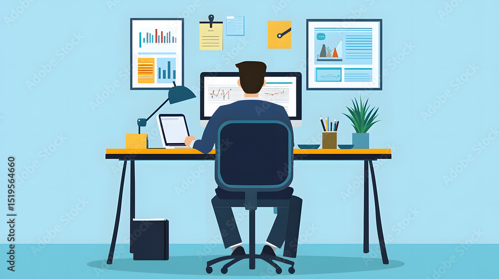 A person working at a modern desk with charts and graphs displayed on a computer screen A person working at a modern desk with charts and graphs displayed on a computer screen