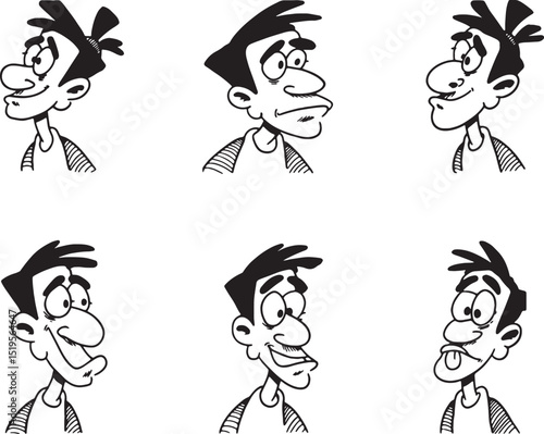 Six cartoon man faces showing different expressions