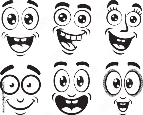 Six funny cartoon faces expressions black white
