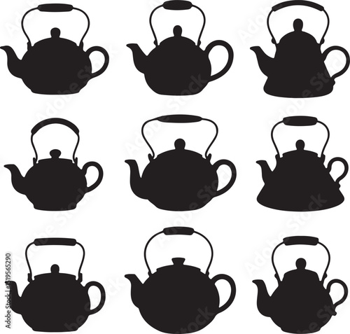 Nine silhouettes of teapots different styles