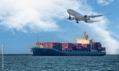 Cargo shipping containers through calm ocean capacity of maritime logistics to move goods worldwide commercial airplane modern global commerce transport before reaching their final destination.