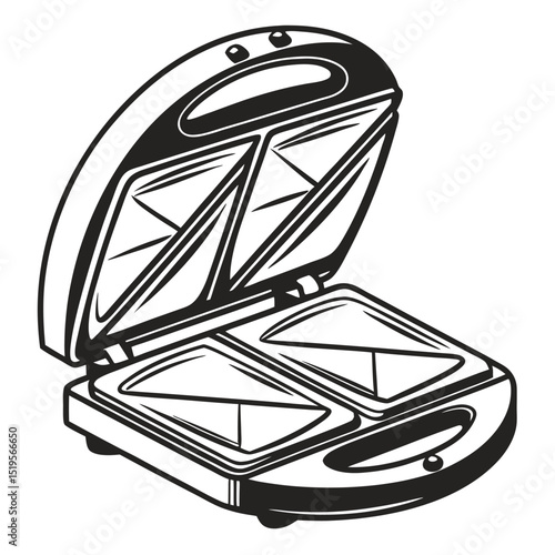 Detailed black and white illustration of an open sandwich press machine