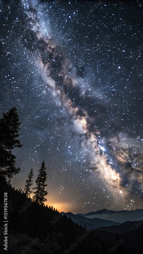 Fototapeta premium Breathtaking night sky displaying the milky way galaxy over forested mountains at dusk