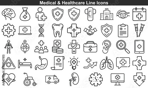Medical Healthcare Icons Line Art Set Featuring Clinic, Hospital, and Health Symbols