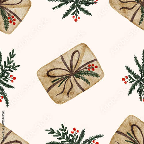Christmas presents and evergreen branches seamless vector pattern. Vector illustration