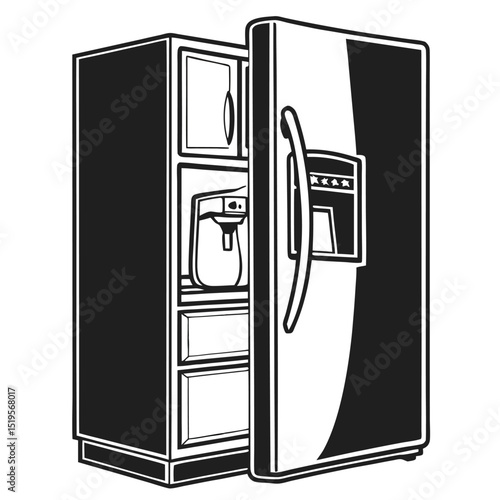 Illustration of a modern refrigerator with an open door and ice dispenser