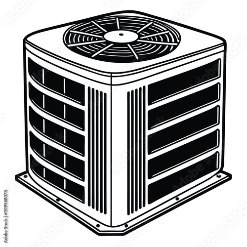 Illustration of an outdoor air conditioning unit with fan and louvers