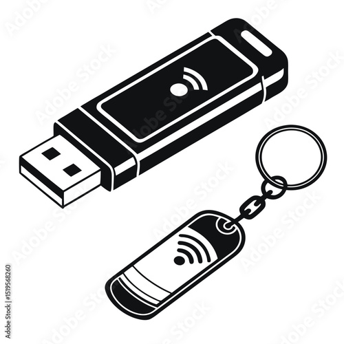 Monochromatic illustration of a USB drive and a key fob with keyring