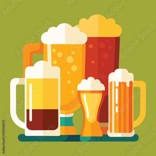 Variety of Beer Glasses and Mugs in Flat Vector Illustration