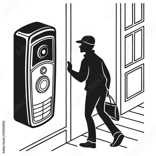 Silhouette of a delivery person ringing a video doorbell at the front door