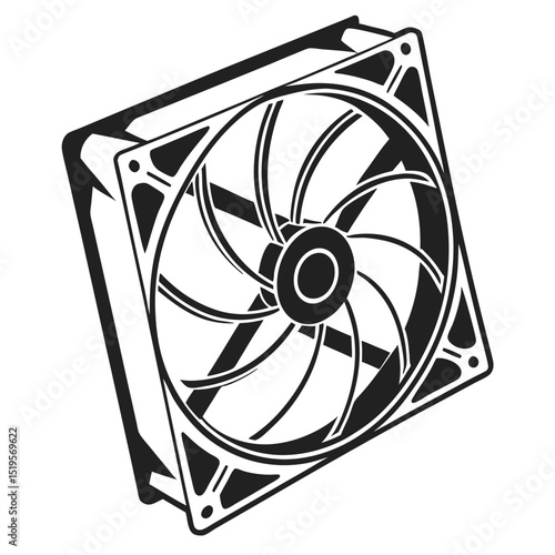 Stylized black and white line drawing of a computer cooling fan unit