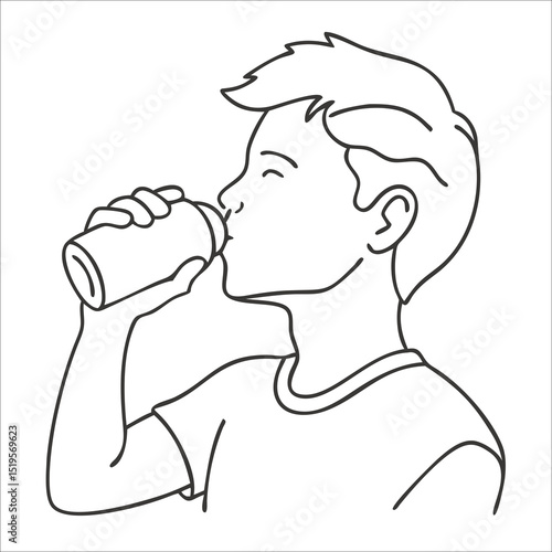 Vector icon of boy drinking water after sports practice. Hydration and recovery symbol in athletic context, isolated illustration.
