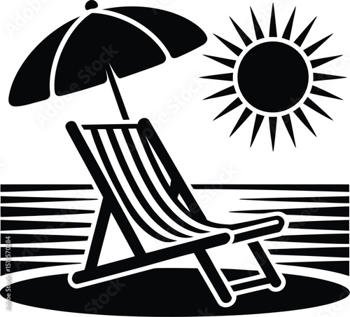 A black and white illustration of a beach chair under an umbrella with a sun in the background art