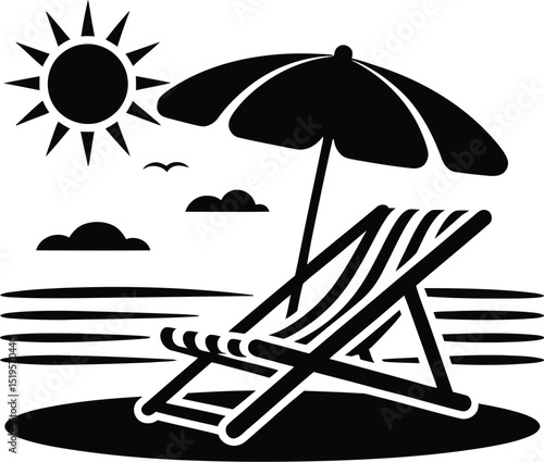A black and white illustration of a beach scene with a chair and umbrella under the sun light