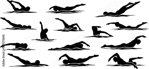Swimmer silhouette bundle vector art white background
