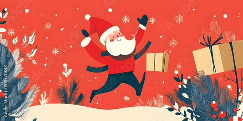 christmas, santa, holiday, winter, snow, tree, gift, xmas, vector, cartoon, snowman, claus, illustration, decoration, santa claus, card, new, celebration, new year, year, season, hat, present, design,