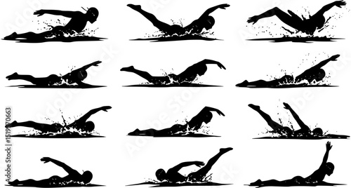 Swimmer silhouette bundle vector art white background
