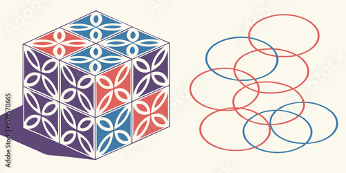 Abstract Geometric Design: Interplay of Cubes and Overlapping Circles