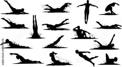 Swimmer silhouette bundle vector art white background
