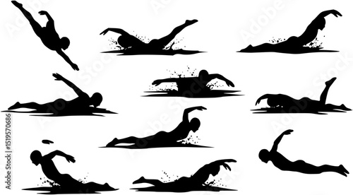 Swimmer silhouette bundle vector art white background
