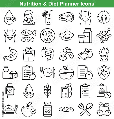 Nutrition and Diet Planner Line Icons Set Food, Health, and Wellness Elements