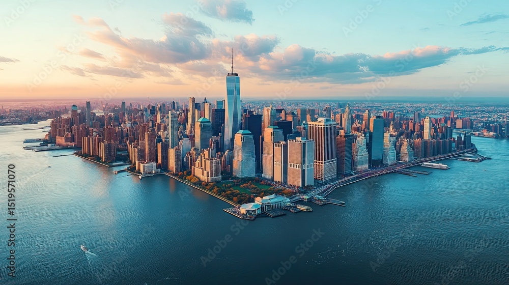 Fototapeta premium Aerial View of Manhattan, New York City Skyline with Skyscrapers, Iconic Landmarks, and Urban Landscape