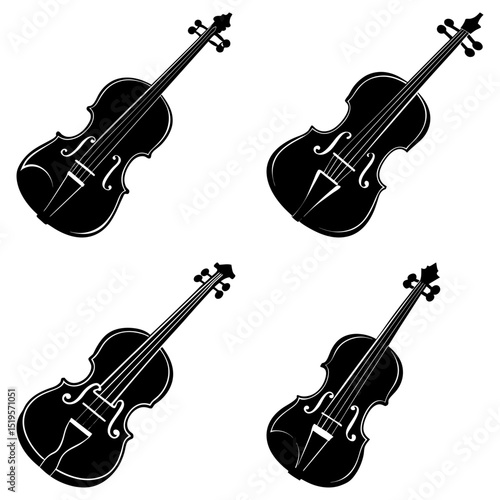 Four violins in a seamless pattern with black silhouettes against a white background forming a simple design