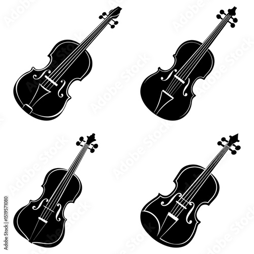 Four black and white illustrations of violins arranged in a square pattern on white background