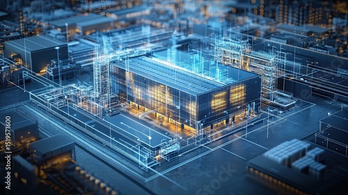 Aerial view of a digital twin of a tech factory, with semi-transparent elements revealing the interior